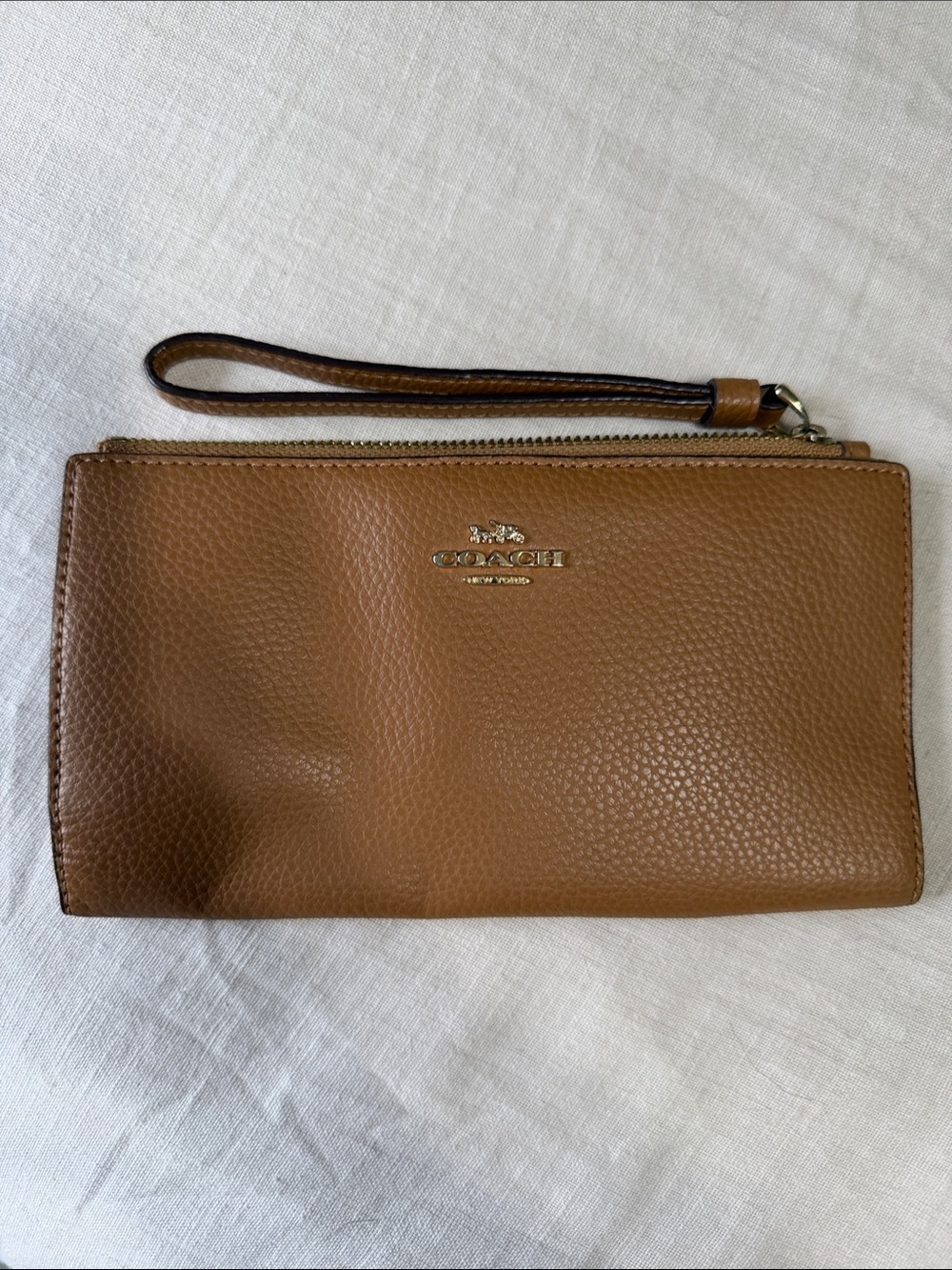 Coach Brown Pebbled Leather Wristlet with Gold Logo